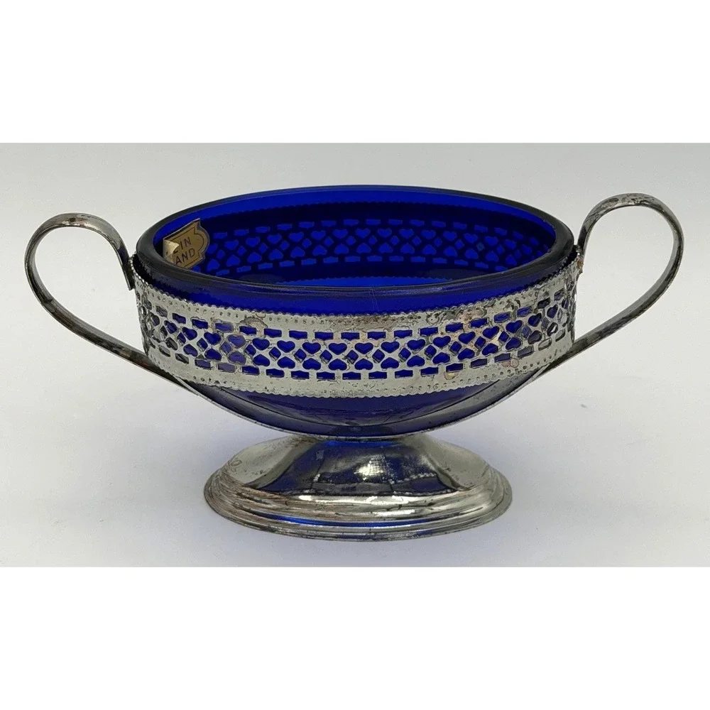 Sugar Bowl England Cobalt Blue Glass w/ Metal Holder Handles New w/ Wear